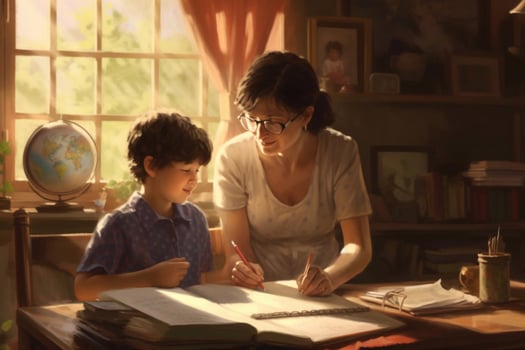 Joyful small daughter giving high five to satisfied with homework results mother. Happy young mom teacher babysitter praising little preschool child girl for making right tasks, photo