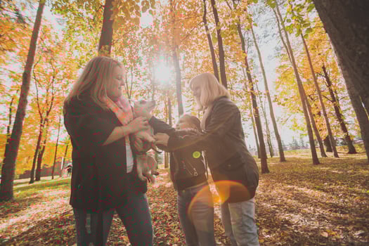 Grandmother and mother with granddaughter having fun with dog in autumn season. Generation, leisure and family concept photo