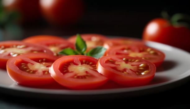 Juicy organic tomato slice on wooden plate, perfect summer appetizer generated by AI photo