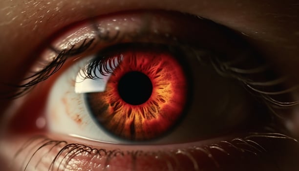 Close up of one person blue eye, staring at camera beauty generated by AI photo