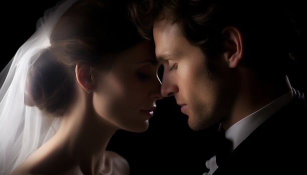 Young couple embracing in wedding attire exuding elegance and sensuality generated by AI photo