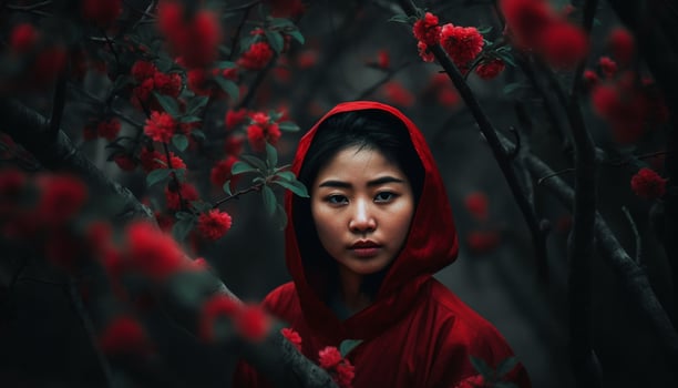 Young women looking at camera, beauty in nature, autumn forest generated by AI photo