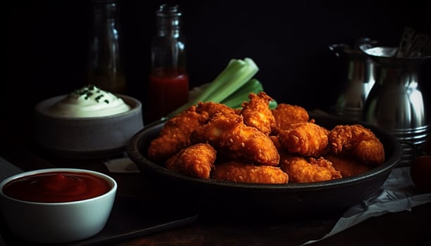 Deep fried buffalo chicken wings with homemade savory sauce and fries generated by AI photo