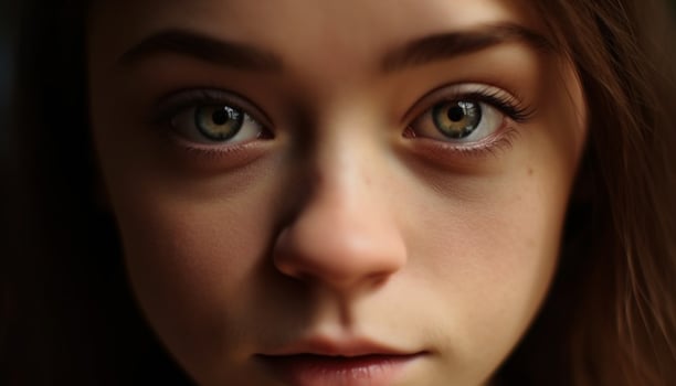 Cute young girl staring at camera with serious brown eyes generated by AI photo