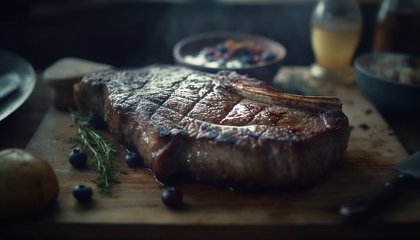 Juicy sirloin steak grilled to perfection on rustic wood barbecue generated by AI photo