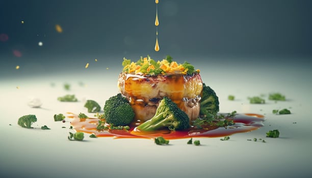 Healthy gourmet meal with grilled meat and fresh vegetables on plate generated by AI photo