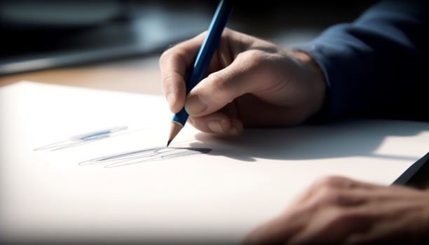 Creative child drawing blue sketch on desk with pencil indoors generated by AI photo
