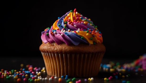 Multi colored cupcakes with chocolate icing, perfect for birthday celebrations generated by AI photo