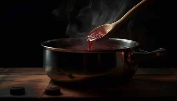 Wooden spoon stirs soup in rustic kitchen on old stove generated by AI photo