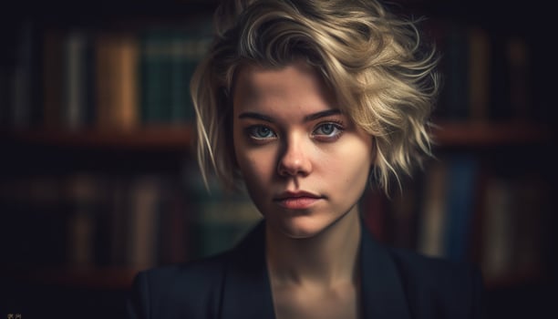 Young adult woman with blond hair studying in library generated by AI photo