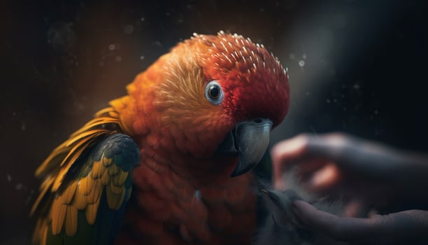 Vibrant blue and yellow macaw perching on forest branch, looking generated by AI photo