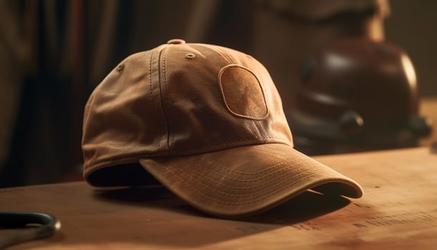 Modern men baseball cap design on wooden table in retail store generated by AI photo