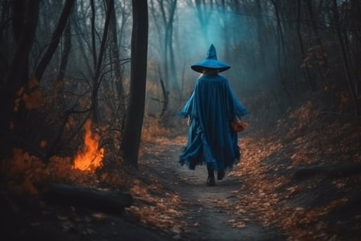 A women in a dark forest created using photo