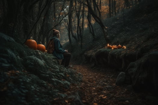 spooky Halloween pumpkin in the forest created using photo