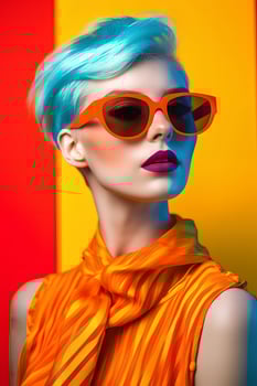 Vibrant portrait of a woman with glasses and short haircut, close-up, art photo