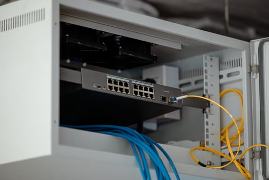 single rack LAN network switching in cabinet install internet sharing link site with Fiber optic gigabit. photo