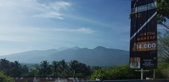 A view of green rice fields and gardens with blue sky and white clouds and the silhouette of a mountain photo