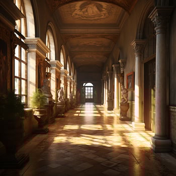 A realistic pictures of a hallway of a building in a renaissance era photo