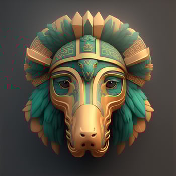Dog quetzalcoatl head, symmetrical, flat icon design, photo