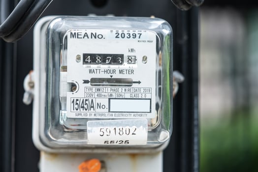 Bangkok, Thailand April 10, 2023,Electric measuring power meter for energy cost at home and office. photo