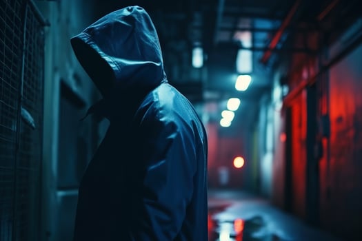 Side view of an unrecognizable man in a hooded jacket hiding identity in an alley on a rainy night. photo