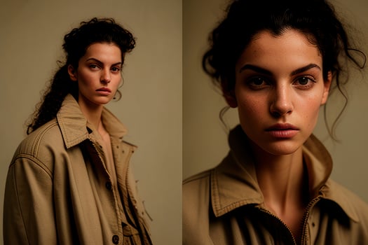 Portrait person with beige background. Fictional person created with photo
