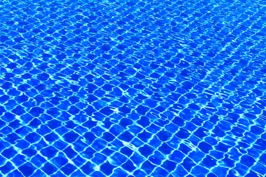 The blue tiles floor under the clear water in the swimming pool background, Swimming pool surface with floor mosaic tiles in blue photo