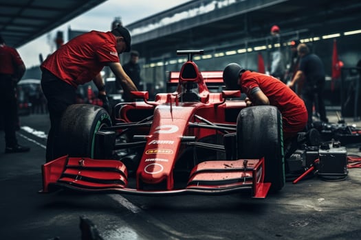 Formula one racing car in garage. photo