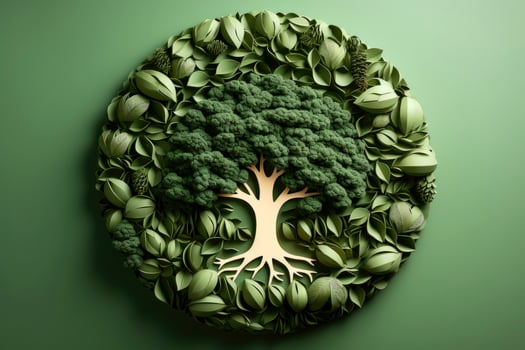 Ecosystem restoration, environment day concept tree background. Recycle icon paper cut banner with forest. Ecology project concept, illustration photo