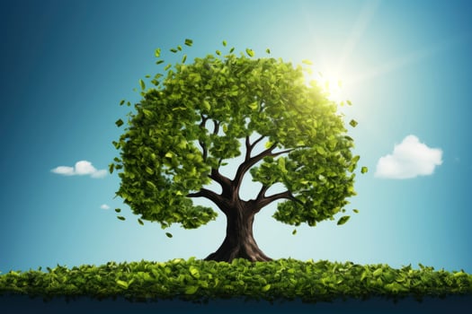 Ecosystem restoration, environment day concept tree background. Recycle icon paper cut banner with forest. Ecology project concept, illustration photo