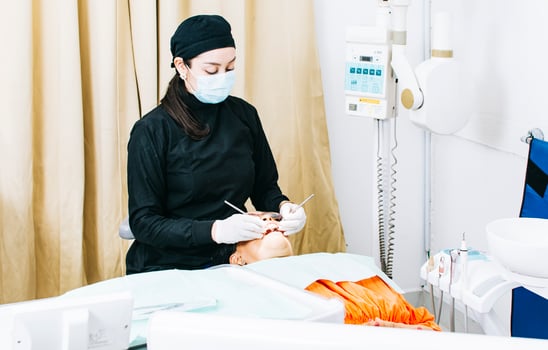 Woman dentist with patient lying down, Dentist examining mouth to patient, Woman dentist doing endodontics to woman patient, Dentist performing stomatology photo