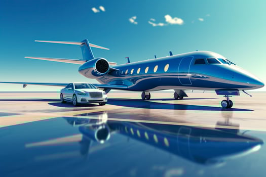 Super car and private jet on landing strip. Business class service at the airport. Business class transfer. Airport shuttle, photo
