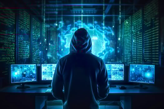 Back of anonymous robot hacker. Concept of hacking cybersecurity, cybercrime, cyberattack, etc. photo