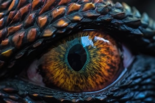 Macro eye of dragon, scales of reptile and pupil, an evil look into camera. Fantasy illustration, photo