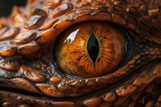 Close-up of a dragon's eye, lizard scales and yellow pupil looking at camera. Fantasy illustration, photo