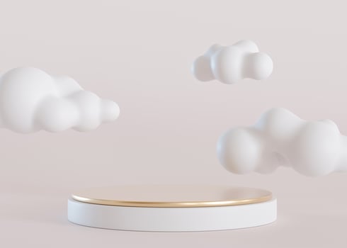 White and golden podium with 3D clouds on beige background. Stage for product, cosmetic presentation. Luxury mock up. Pedestal, platform for beauty products. Empty scene. Display, showcase. 3D render. photo
