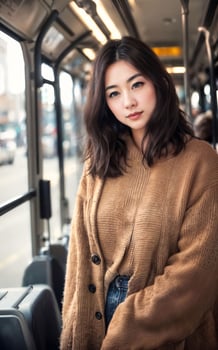beautiful woman standing inside public bus transport, photo