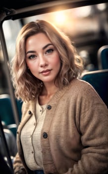 beautiful woman standing inside public bus transport, photo
