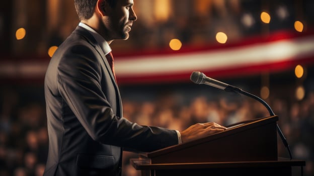 Speaker at a conference hall or press conference. Politics giving a speech. . photo