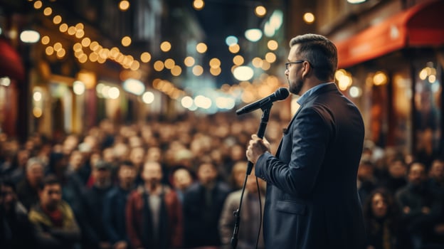 Rear view of a politician speaking into a microphone while standing in front of a crowd of people. . photo
