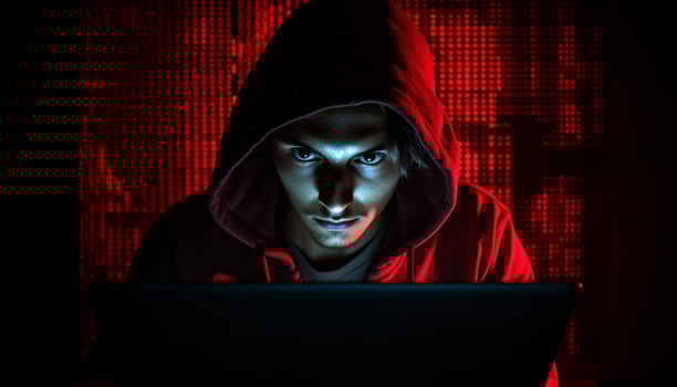Hooded thief typing spooky code on laptop generated by AI photo