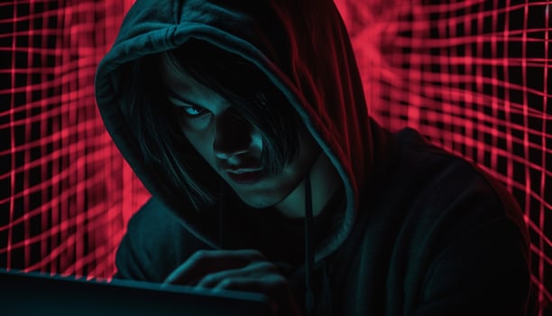Hooded thief typing password, back lit and dangerous generated by AI photo