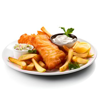 Photo of Fish and Chips on plate isolated on white background. Created by