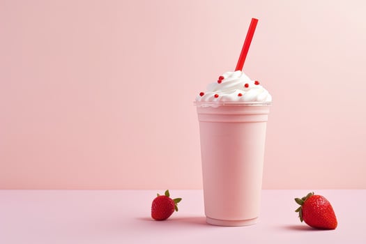 Strawberry milkshake in plastic takeaway cup isolated on pink background. photo