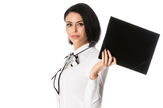 Business woman with black folder, isolated on white. Concept of leadership and success photo
