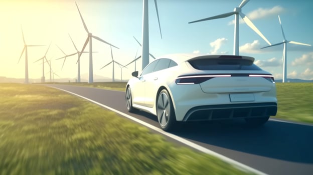Electric vehicles and wind farms. The concept of environmentally friendly transport of the future and green energy. Electric cars and wind generators. photo