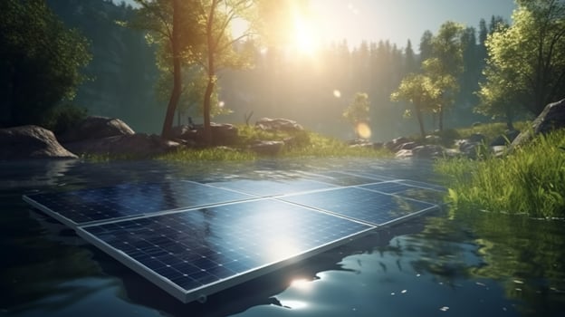 The surface of the solar battery with the reflection of the sun and the sky futuristic background. Green energy concept, solar power plant with panels on the farm. photo