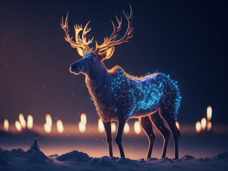 magic festive reindeer covered in glowing garland, photo