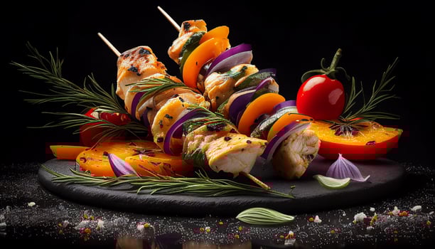 Tantalizing chicken skewers sweet peppers and delicious dill slices, photo