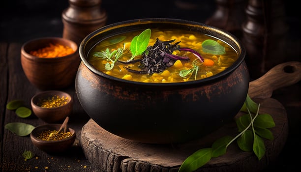 A bowl of Indian lentil soup a traditional daal recipe with lemon and red chili on the side, photo